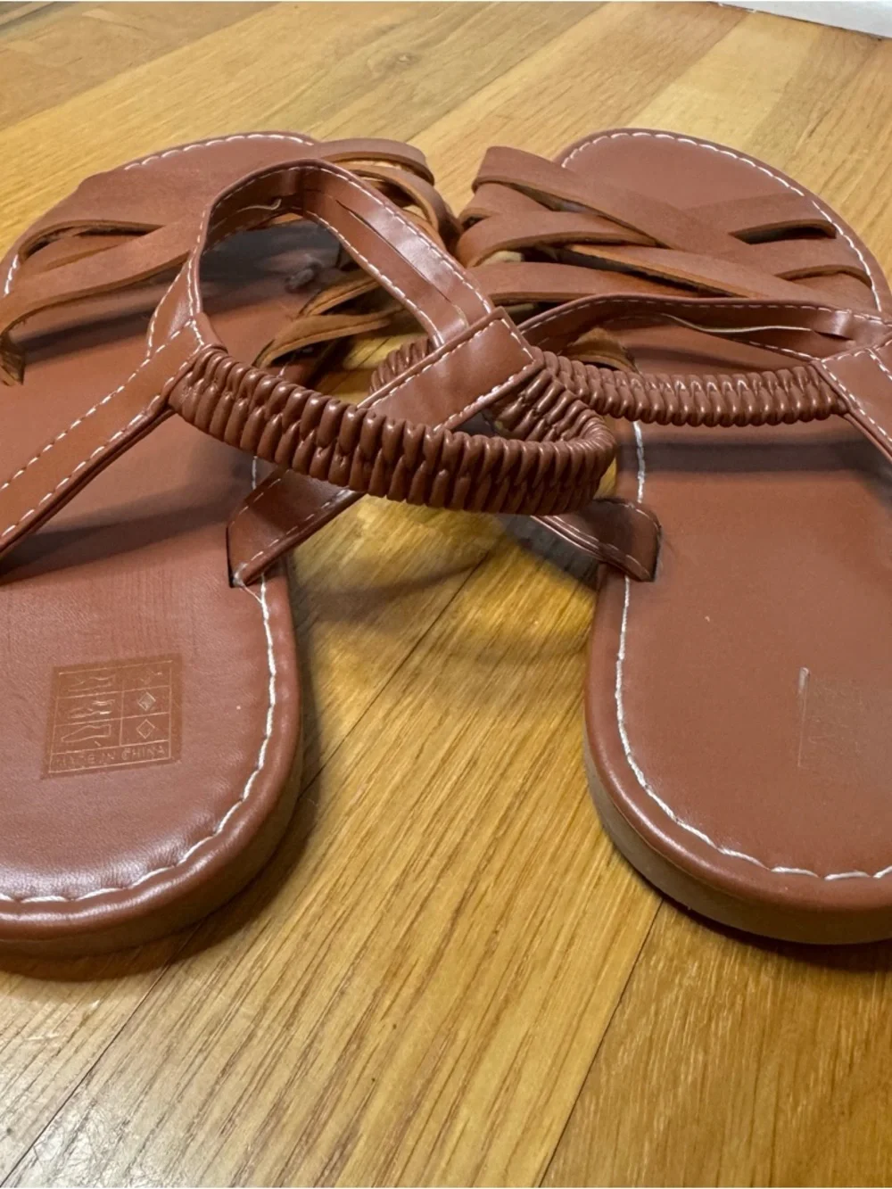 Cognac Strappy Flat Sandals - Criss Cross Slip On. Size 40 (US 9)